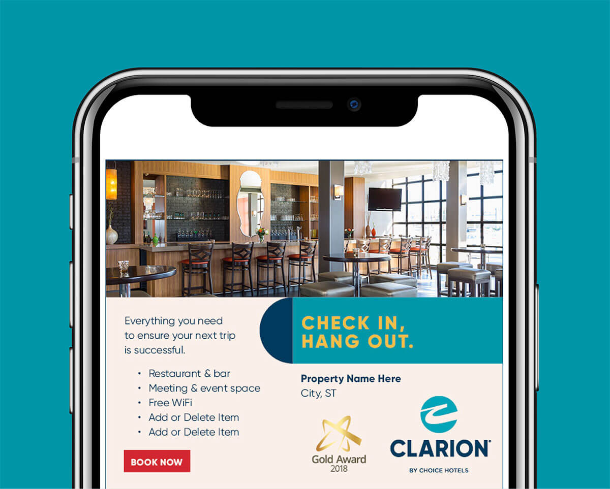 Choice Hotels Clarion Pointe Branding Positioning Digital Social Media Booking Iphone Mockup