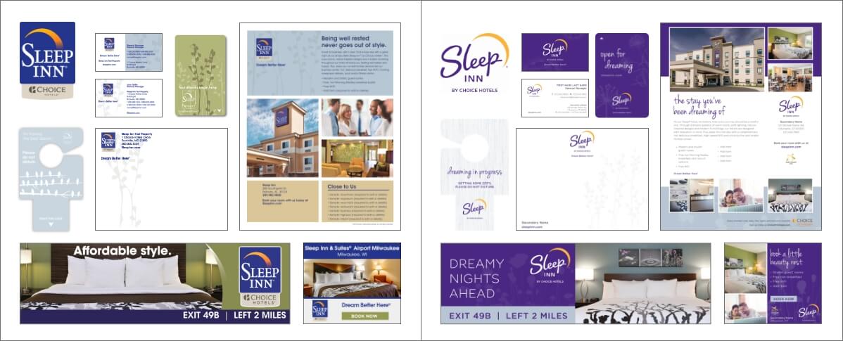 Choice Hotels Sleep Inn Hotels Branding Positioning Traditional Print Templates Stationery Keycard business card flyer note card Mockup