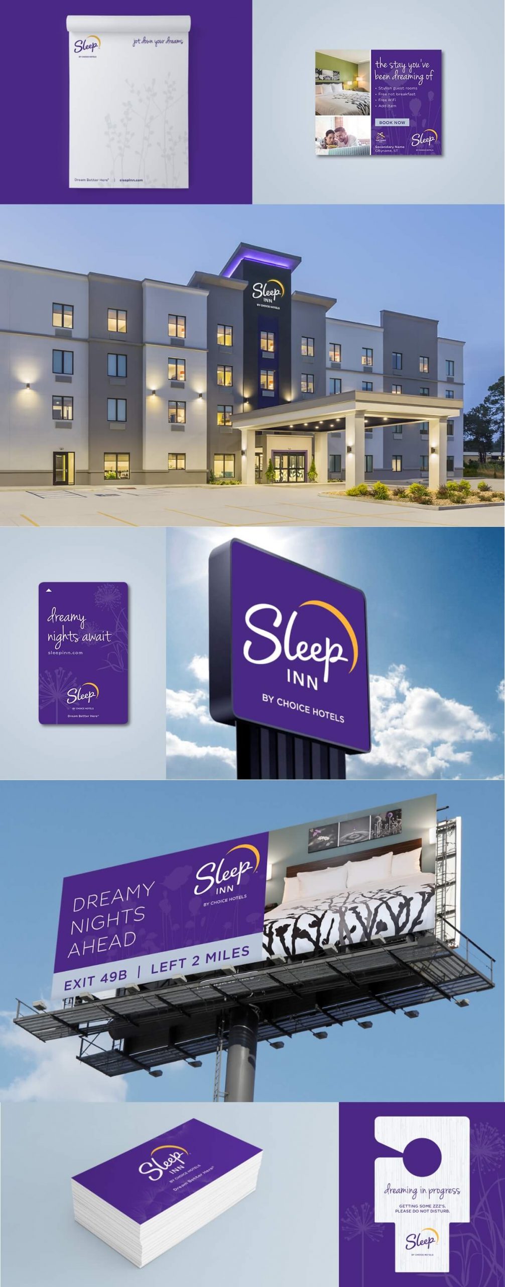 Choice Hotels Sleep Inn Hotels Branding Positioning Traditional Print Templates Billboard Hotel Exterior Stationery Keycard business card flyer note card Mockup