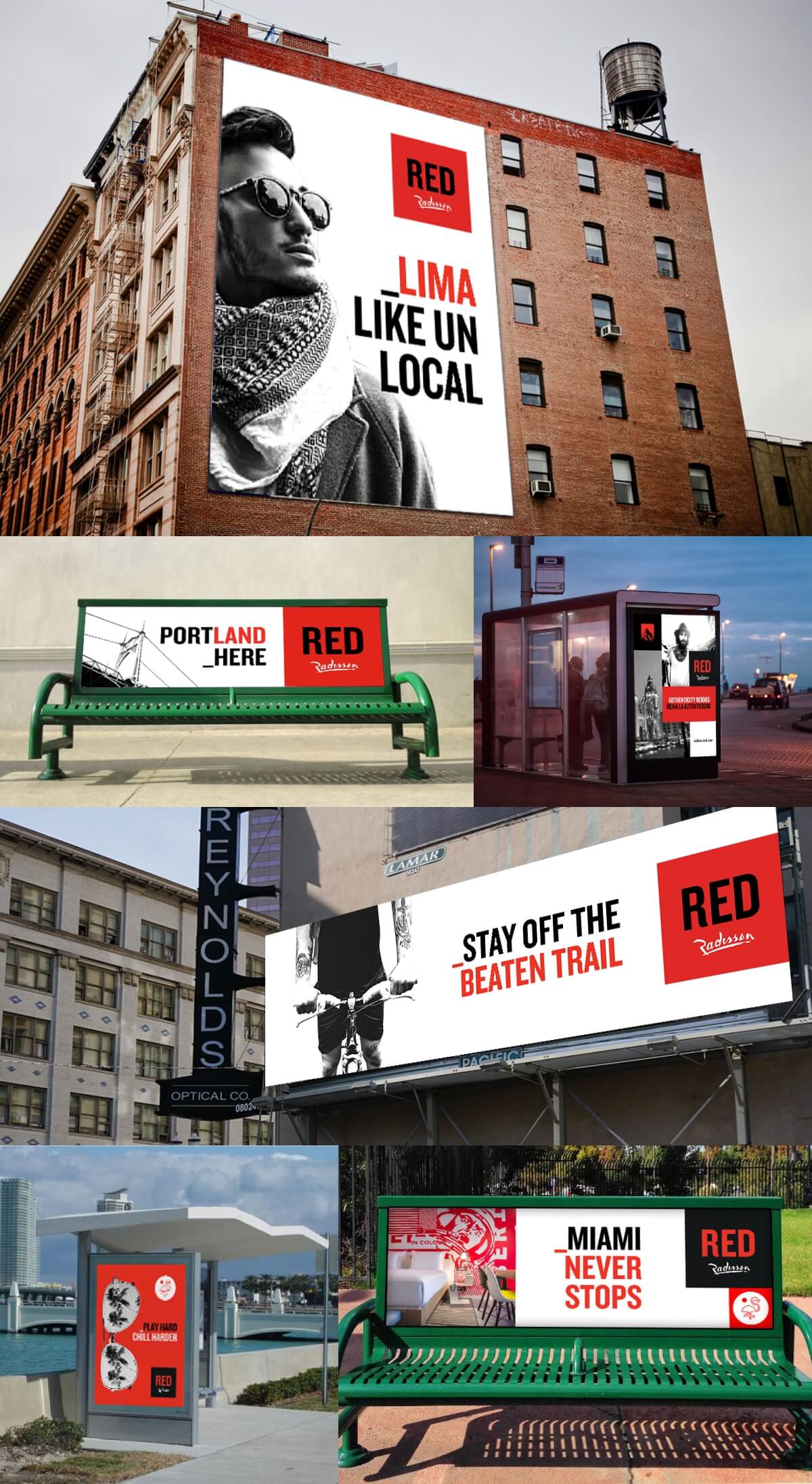 Radisson Red Launch Campaign Lima Peru Miami Out of Home OOH Building Wrap Bus Bench Bus Shelter Billboard